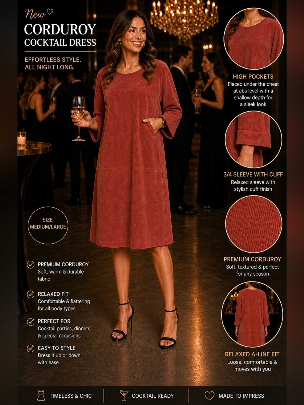 Corduroy Midi Dress in Rust Red - Relaxed A-Line